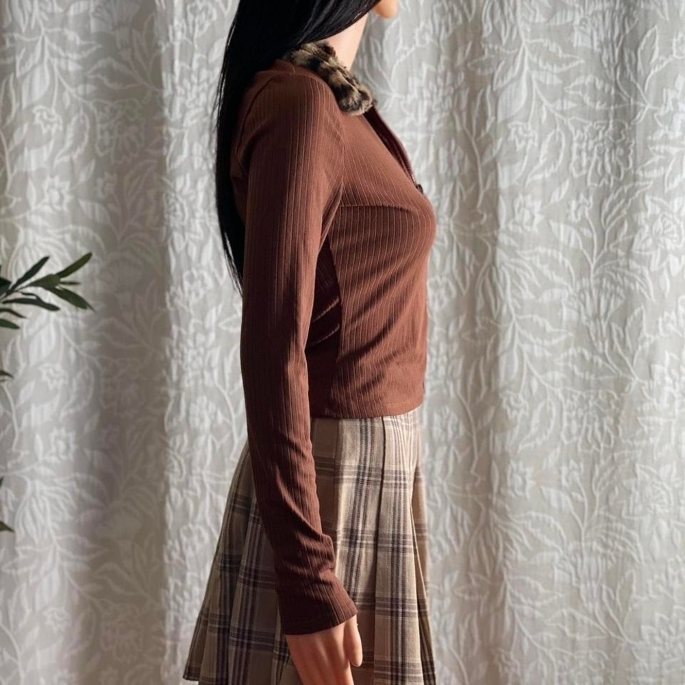 NWOT Derek Heart Brown Faux Fur Collar Zip Top Indie Grunge Clueless Size S - Picture 4 of 8